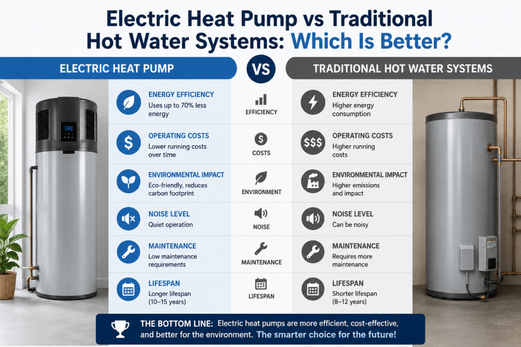 Electric Heat Pump vs Traditional Hot Water Systems comparison infographic showing differences in energy efficiency, operating costs, maintenance, noise levels, environmental impact, and lifespan.