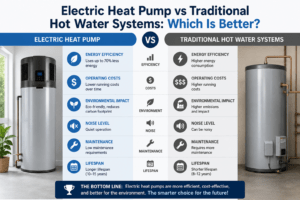 Electric Heat Pump vs Traditional Hot Water Systems comparison infographic showing differences in energy efficiency, operating costs, maintenance, noise levels, environmental impact, and lifespan.