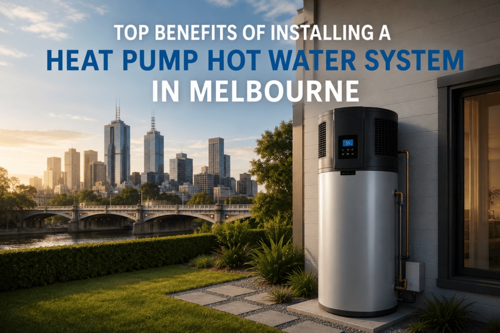 Heat pump hot water system installed outside a modern Melbourne home, highlighting the benefits of energy-efficient and eco-friendly hot water solutions.