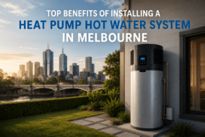 Heat pump hot water system installed outside a modern Melbourne home, highlighting the benefits of energy-efficient and eco-friendly hot water solutions.